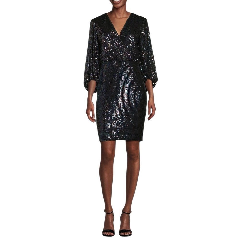 🟡 Eliza J Stretch Sequin V-Neck 3/4 Sleeve Blouson Dress Black Iridescent